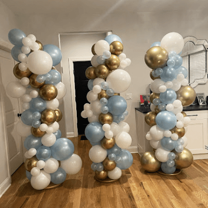 Blue, white, and gold organic balloon column