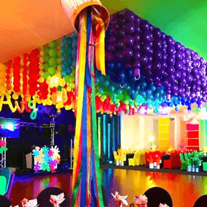 Rainbow ceiling balloon decor inspo
