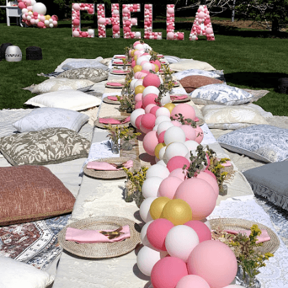 Pink, White, and Gold Balloon Table Runner with Greenery