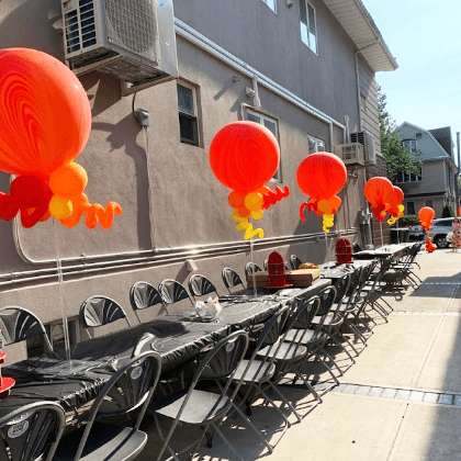 Fire-themed balloon centerpiece
