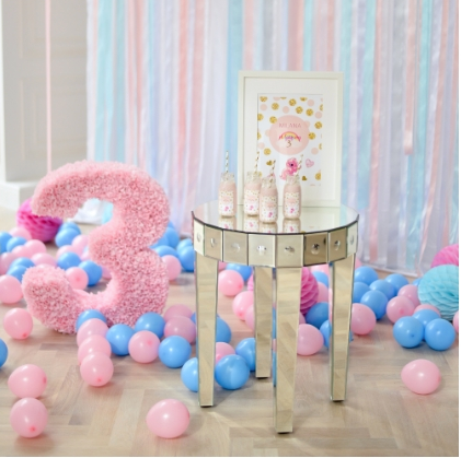 Pink and blue 3rd birthday balloon decor inspo